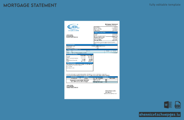 Vereinigtes Königreich, United Bank Ltd (UBL), Hypothekenabrechnung in Word- und PDF-Formaten – Beispielvorschau